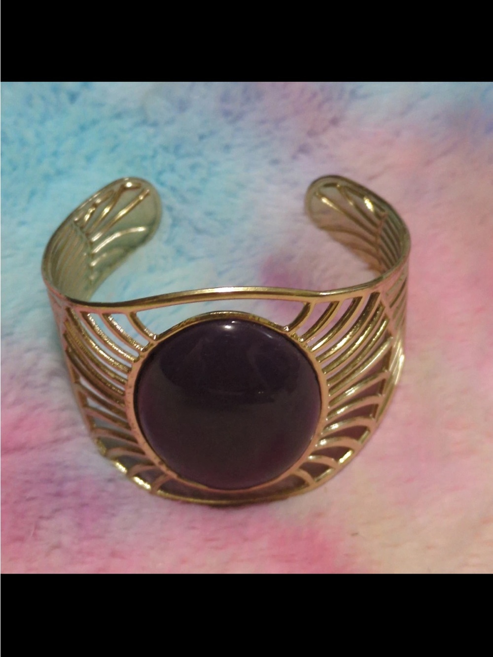 Vintage Bohemian Gold Openwork Cuff Bracelet with Deep Purple Stone